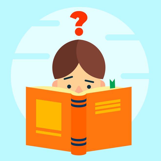 Illustration of a person reading a book with a question mark above their head.