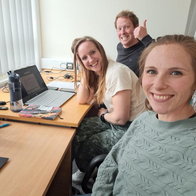 Team photo of Lindsey, Stacey and john in the Active8 office.